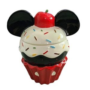 Disney Mickey Mouse Cupcake Sprinkles Cookie Jar Canister Ceramic 9”x7” NEW